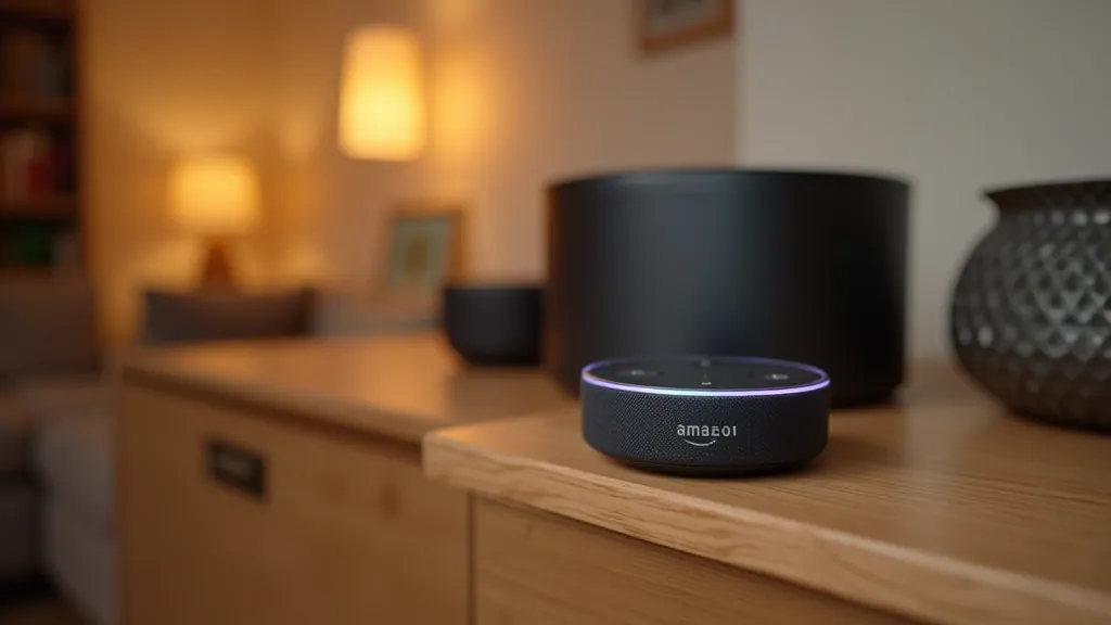 Amazon Echo zařízení s Alexa hlasovým asistentem v obývacím pokoji