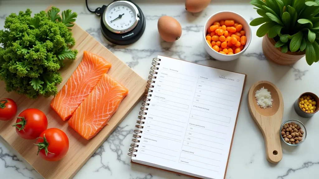 Zdravé potraviny na kuchyňské desce — zelenina, ryby, ořechy, měřítko, notebook s nutričním plánem