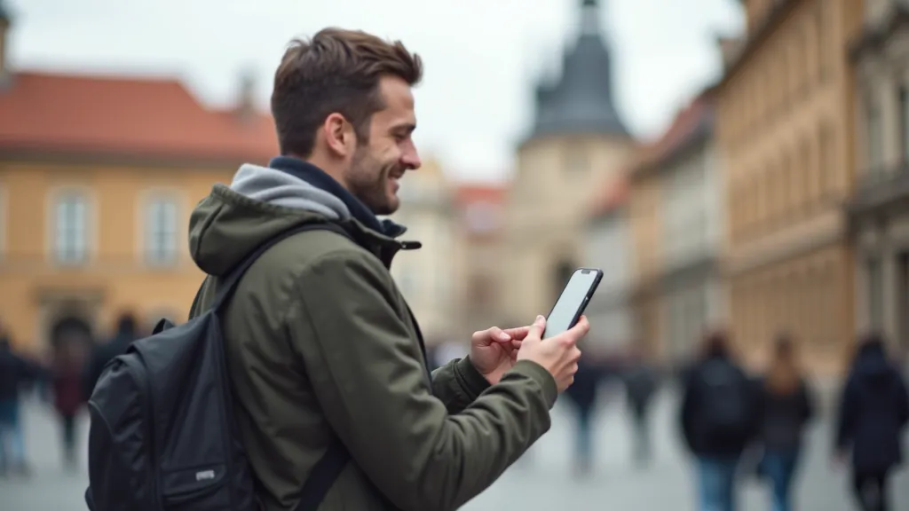Osoba procházející starou Prahou s mobilem v ruce, používající AI mapy k orientaci mezi historickými budovami