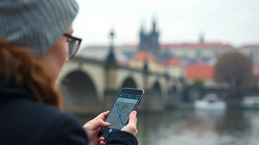 Руки, které drží mobilní telefon s mapou, zatímco procházejí ulicemi Prahy poblíž Karlova mostu