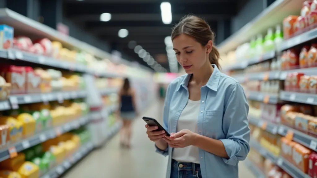 Žena v supermarketu porovnávající ceny na mobilním zařízení s AI pomocníkem